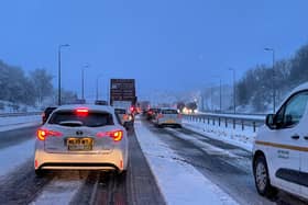 Traffic at a standstill on the M62 motorway near Kirklees, West Yorkshire, due to heavy snow in the area. Picture date: Friday March 10, 2023.