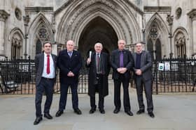 (left to right) Gary Webster, Steve Nicholls, lawyer Des Collins, Richard Warwick and Ade Goodyear outside the High Court in London. A group of former pupils affected by the infected blood scandal launched a legal action against Treloar School.