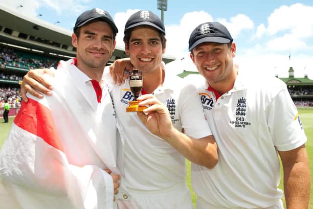 Tim Bresnan, right, pictured after winning the 2010-11 Ashes series Down Under alongside team-mates James Anderson, left, and Alastair Cook, centre. Photo: Gareth Copley/PA Wire.