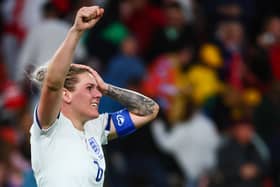 England's defender captain Millie Bright celebrates their victory after a penalty shoot-out against Nigeria in the second round, on their way to a semi-final with co-hosts Australia (Picture: PATRICK HAMILTON/AFP via Getty Images)