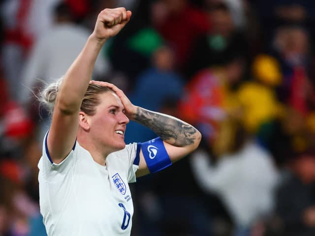 England's defender captain Millie Bright celebrates their victory after a penalty shoot-out against Nigeria in the second round, on their way to a semi-final with co-hosts Australia (Picture: PATRICK HAMILTON/AFP via Getty Images)