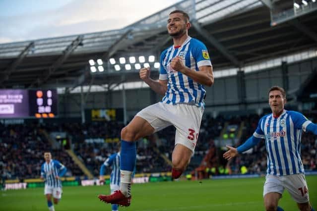 Michal Helik celebrates heading in Huddersfield's goal in last month's game at Hull. Picture: Bruce Rollinson