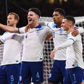 GLASGOW, SCOTLAND - SEPTEMBER 12: Jude Bellingham of England (2R) celebrates with teammates Harry Kane, Declan Rice and Phil Foden after scoring the team's second goal during the 150th Anniversary Heritage Match between Scotland and England at Hampden Park on September 12, 2023 in Glasgow, Scotland. (Photo by Stu Forster/Getty Images)