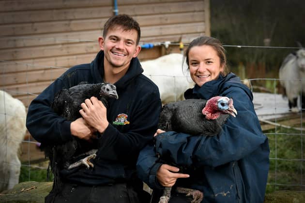 Jake Ratcliffe with partner Rosie Thompson pictured with the animals at Millington's Magical Barn,  Low Farm Low Road Thornhill, Dewsbury