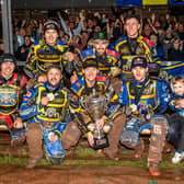 For the fans: Simon Stead, right, with his son on his lap and his Sheffield Tigers team to his right as they celebrate with their Premiership Trophy in front of their fans after winning the Sports Insure Premiership Grand Final (Picture: Ian Charles/MI News)