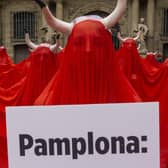 Lucy Ferguson protesting the Running of the Bulls in Pamplona. PIC: PETA
