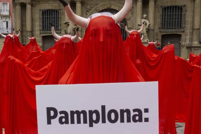 Lucy Ferguson protesting the Running of the Bulls in Pamplona. PIC: PETA