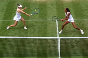 LONDON, ENGLAND - JULY 10: Naiktha Bains (R) of Great Britain and Maia Lumsden of Great Britain compete against Viktoria Hruncakova of Slovakia and Tereza Mihalikova of Slovakia in the Women's Doubles Second Round match during day eight of The Championships Wimbledon 2023 at All England Lawn Tennis and Croquet Club on July 10, 2023 in London, England. (Photo by Patrick Smith/Getty Images)