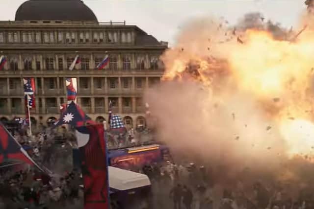 This still from the Secret Invasion shows an explosion sequence at The Piece Hall.