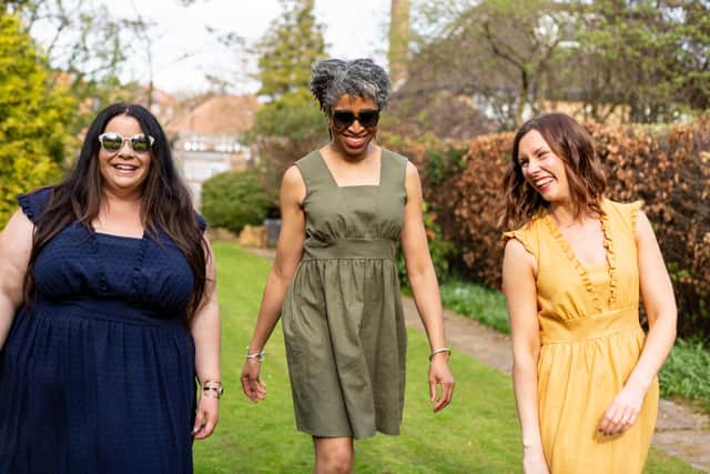 Shelley, Anthea and Izzy wear different takes on the Rivelin Ruffle Dress in Navy. IzzoSew Studio patterns come as a paper product for £16.95 or as a pdf version to print off. There are also hour-long tutorials online. Picture by Kirsten Johnson at Instagram @IamKirstenPhotography