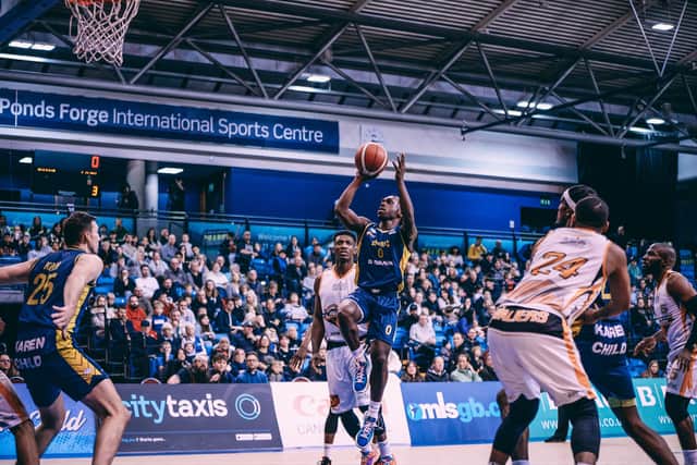 Fitting in: Devearl Ramsey scores a on a jumpshot as Sheffield Sharks defeated Thames Valley Cavaliers (Picture: Adam Bates)
