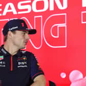 Red Bull's Dutch driver Max Verstappen (L) and Ferrari's Monegasque driver Charles Leclerc attend a press conference during the third day of Formula One pre-season testing at the Bahrain International Circuit in Sakhir, on February 25, 2023. (Photo by GIUSEPPE CACACE/AFP via Getty Images)