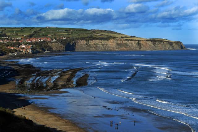 Dog walkers on the beach with Robin Hoods Bay in the background. Picture Jonathan Gawthorpe
