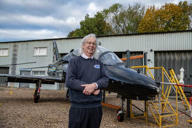Alan Beattie, Chairman of the South Yorkshire Aircraft Museum with the attractions new acquisition a former RAF Hawk trainer aircraft.