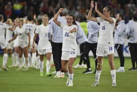 England's Ella Toone, centre, and England's Jill Scott, right, celebrate after beating Sweden in the Euro 2022 semi final at Bramall Lane Picture: AP/Rui Vieira
