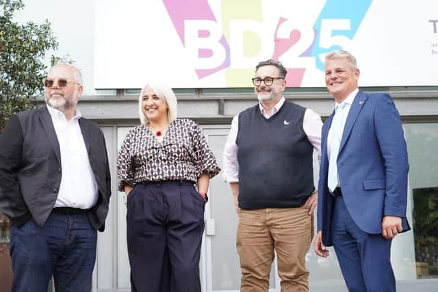 Pete Massey from the Arts Council, Dan Bates and Shanaz Gulzar from Bradford 2025 and Culture Minister Stuart Andrew in Bradford after the Government pledged £10m