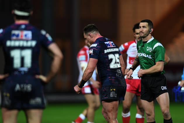Leeds Rhinos' James Donaldson is sin-binned by referee Jack Smith during Thursday's defeat at Hull KR. (Photo: Jonathan Gawthorpe)