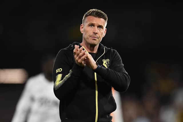 WATFORD, ENGLAND - AUGUST 30: Rob Edwards, Head Coach of Watford applauds fans after the Sky Bet Championship match between Watford and Middlesbrough at Vicarage Road on August 30, 2022 in Watford, England. (Photo by Alex Burstow/Getty Images)