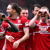 MIDDLESBROUGH, ENGLAND - APRIL 01: Middlesbrough striker Emmanuel Latte Lath celebrates after scoring the first goal during the Sky Bet Championship match between Middlesbrough and Sheffield Wednesday at Riverside Stadium on April 01, 2024 in Middlesbrough, England. (Photo by Stu Forster/Getty Images) (Photo by Stu Forster/Getty Images)