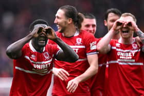 MIDDLESBROUGH, ENGLAND - APRIL 01: Middlesbrough striker Emmanuel Latte Lath celebrates after scoring the first goal during the Sky Bet Championship match between Middlesbrough and Sheffield Wednesday at Riverside Stadium on April 01, 2024 in Middlesbrough, England. (Photo by Stu Forster/Getty Images) (Photo by Stu Forster/Getty Images)
