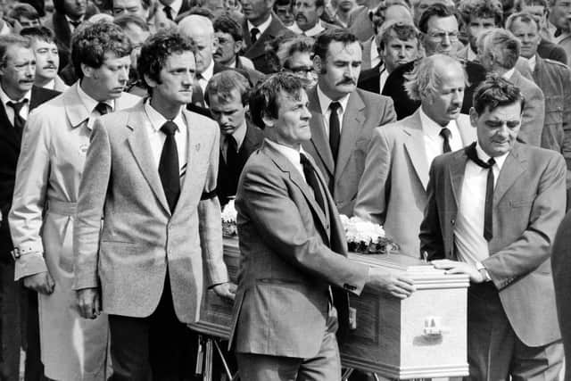 June 22nd,1984. Hundreds of striking miners follow the coffin of fellow pitman Joe Green at his funeral in Knottingley.