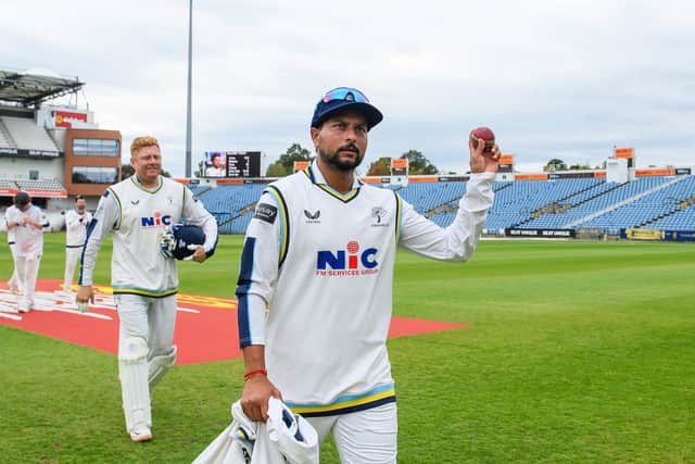 Kuldeep Yadav leads the Yorkshire team from the field after victory over Essex. Picture by Allan McKenzie/SWpix.com