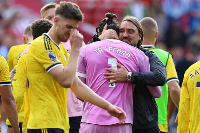 GOOD START: Daniel Farke with his new Leeds United goalkeeper James Trafford (Image: Darren Staples / AFP via Getty Images)