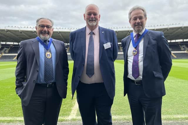 The Chamber’s new President, Albert Weatherill (right) and Vice President Kirk Akdemir (left) pictured with the Police and Crime Commissioner for Humberside, Jonathan Evison at MKM Stadium.