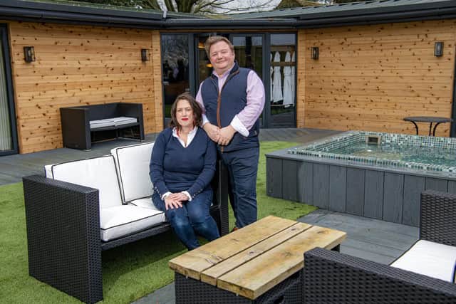 Sasha and MIchael Ibbotson at the 2 bedroom Pool Villa Suite at The Durham Ox in Crayke in North Yorkshire,  photographed by Tony Johnson.