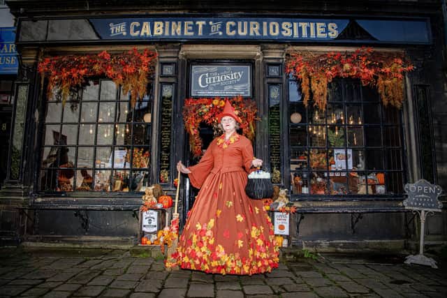Marie Gomersall in her Autumnal Steampunk outfit in Haworth photographed for the Yorkshire Post by Tony Johnson.