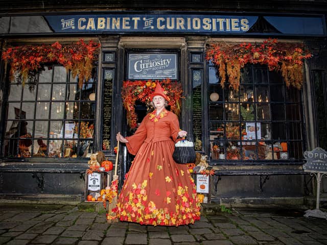 Marie Gomersall in her Autumnal Steampunk outfit in Haworth photographed for the Yorkshire Post by Tony Johnson.