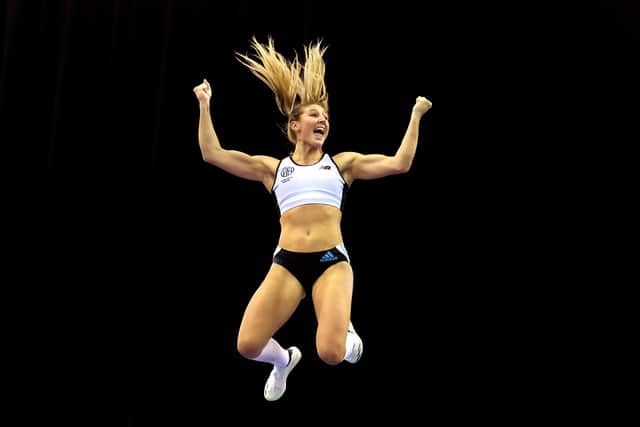 Molly Caudery of Great Britain celebrates after equalling the national record during the Women's Pole Vault Final on day one of the Microplus UK Athletics Indoor Championships 2024 at Utilita Arena Birmingham on February 17, 2024 in (Picture: Michael Steele/Getty Images)