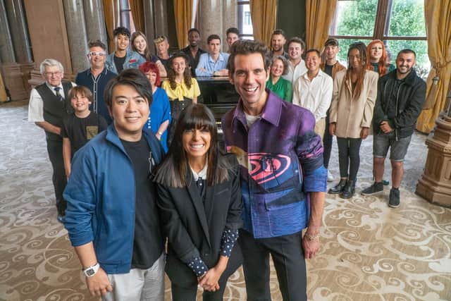 Pictured: (L-R) Lang Lang, Claudia Winkleman and Mika - with the amateur pianists behind. Picture credi: PA Photo/©Channel 4