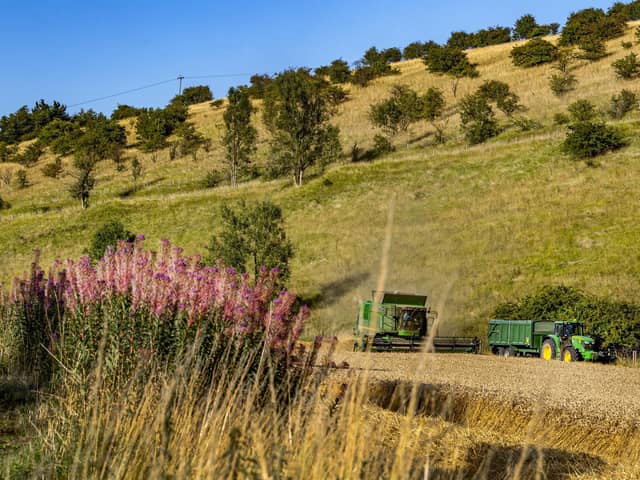 Farmers harvesting wheat in fields. PIC: Tony Johnson