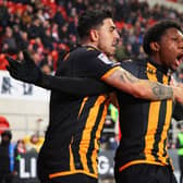 SHOCK AND AWE: Jaden Philogene celebrates his outstanding goal with Hull City team-mate Ozan Tufan