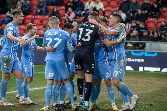 Coventry City's Viktor Gyokeres (right) celebrates with team-mates after scoring their side's second goal of the game during the Sky Bet Championship match at the AESSEAL New York Stadium, Rotherham. Picture: Ian Hodgson/PA
