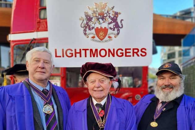 Peter McVeigh (centre) and fellow members of the Worshipful Company of Lightmongers taking part in the Lord Mayor’s Parade on Saturday November 10