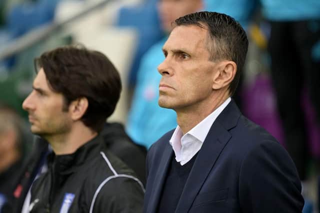BELFAST, NORTHERN IRELAND - JUNE 02: Gus Poyet, head coach of Greece - and former Leeds United assistant - looks on prior to the UEFA Nations League League C Group 2 match between Northern Ireland and Greece at Windsor Park on June 02, 2022 in Belfast, Northern Ireland. (Photo by Charles McQuillan/Getty Images)