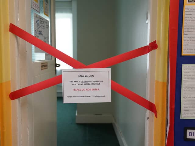A taped off section inside Parks Primary School in Leicester which has been affected with sub standard reinforced autoclaved aerated concrete (Raac). More than 100 schools, nurseries and colleges in England have been told by the Government to close classrooms and other buildings that contain an aerated concrete that is prone to collapse. Photo: Jacob King/PA Wire