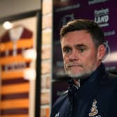 Bradford City manager Graham Alexander (centre), pictured alongside chief executive officer Ryan Sparks (right). Picture: Jonathan Gawthorpe.