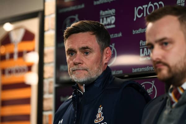 Bradford City manager Graham Alexander (centre), pictured alongside chief executive officer Ryan Sparks (right). Picture: Jonathan Gawthorpe.