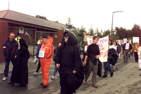 Protestors including the 'Grim Reapring' arriving at Sarp, Killamarsh in the late 90s. Picture: Dennis Lound