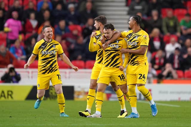 Rotherham United's Ollie Rathbone celebrates scoring his side's first goal of the game during the Championship match at the bet365 Stadium, Stoke. Picture: Tim Goode/PA Wire
