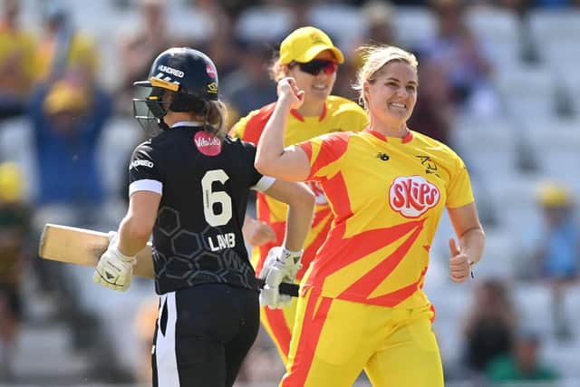 Katherine Sciver-Brunt is pictured celebrating taking a wicket for Trent Rockets in The Hundred on Thursday. It would turn out to be the 38-year-old Barnsley-born bowler’s penultimate match of a trailblazing career in cricket, spent largely with England, but injury robbed her of a swansong last night. (Picture: Gareth Copley/Getty Images)