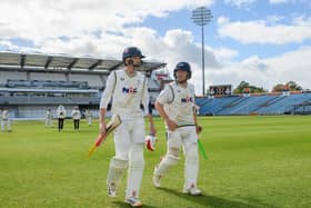 George Hill and Dom Bess leave the field at lunch on day three during their match-turning stand against Somerset. Picture by Allan McKenzie/SWpix.com