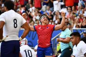 The big stage: Chile's blindside flanker Martin Sigren, centre, celebrates a try during the France 2023 Rugby World Cup Pool D match between Samoa and Chile at Stade de Bordeaux (Picture: CHRISTOPHE ARCHAMBAULT/AFP via Getty Images)