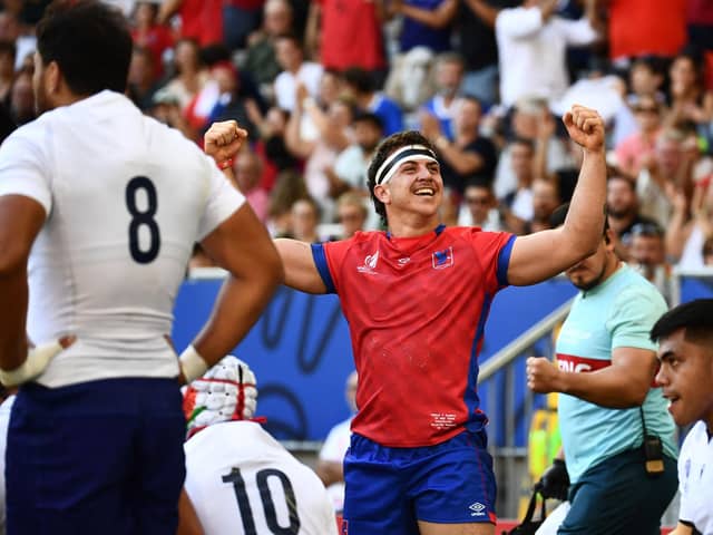 The big stage: Chile's blindside flanker Martin Sigren, centre, celebrates a try during the France 2023 Rugby World Cup Pool D match between Samoa and Chile at Stade de Bordeaux (Picture: CHRISTOPHE ARCHAMBAULT/AFP via Getty Images)