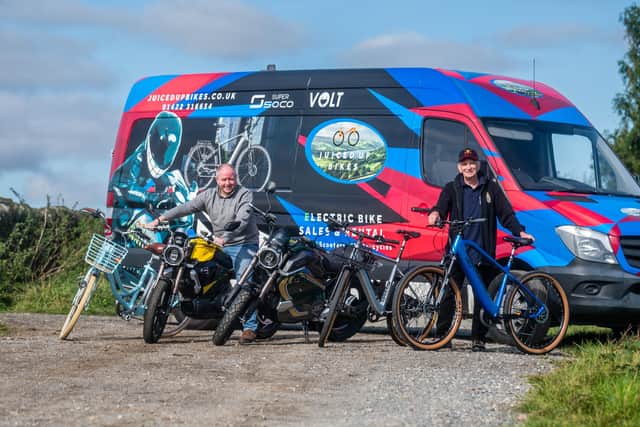 Date: 13th September 2022.
Picture James Hardisty.
Juiced Up Bikes, based in Sowerby Bridge, West Yorkshire, retailer of electric motorbikes and electric pedal bikes. Pictured Carlton Smith, the new owner of Juiced Up Bikes, and Bart Spicer, Founder of Juiced Up Bikes.