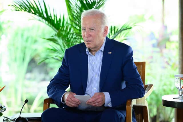 US President Joe Biden makes a statement during a bilateral meeting with Prime Minister Rishi Sunak at the G20 summit in Nusa Dua, Bali, Indonesia.