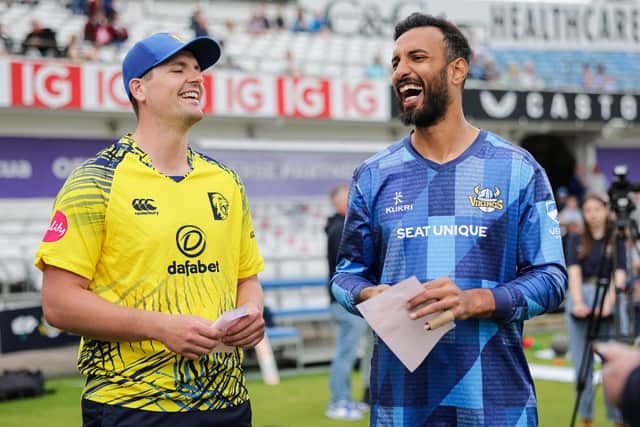 Shan Masood and Alex Lees share a joke at the toss. Picture by Alex Whitehead/SWpix.com